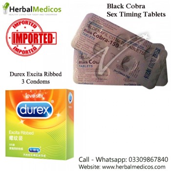 Pack of 1 Black Cobra Tablets and Excita Ribbed Condoms